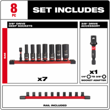 8PC SHOCKWAVE Impact Duty 3/8 Inch Drive SAE Deep 6-Point Socket Set