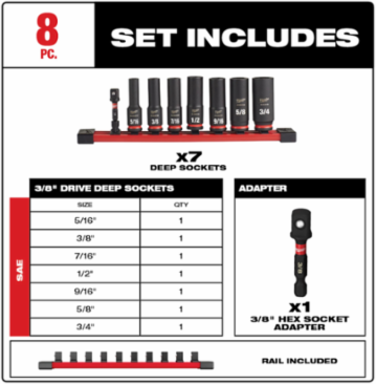 8PC SHOCKWAVE Impact Duty 3/8 Inch Drive SAE Deep 6-Point Socket Set