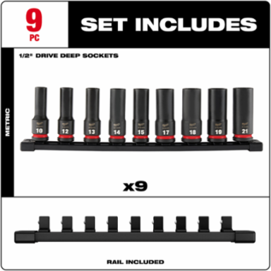 9PC SHOCKWAVE Impact Duty 1/2 Inch Drive Metric Deep 6-Point Socket Set