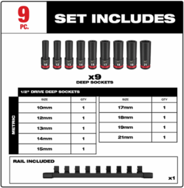 9PC SHOCKWAVE Impact Duty 1/2 Inch Drive Metric Deep 6-Point Socket Set