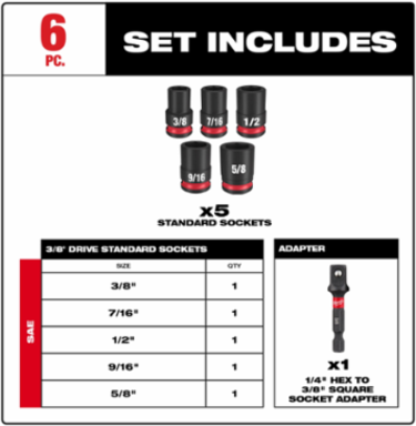 SHOCKWAVE 6PC Impact Duty 3/8 Inch Drive SAE Socket Set, Forged Steel