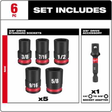 SHOCKWAVE 6PC Impact Duty 3/8 Inch Drive SAE Socket Set, Forged Steel