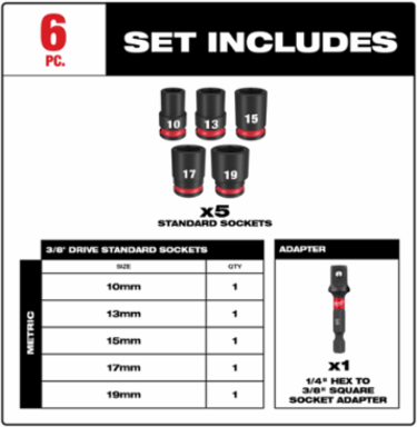 6PC SHOCKWAVE Impact Duty 3/8 Inch Drive Metric Socket Set, Forged Steel