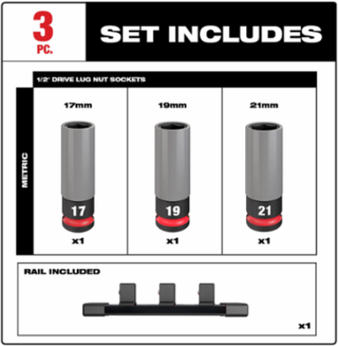 SHOCKWAVE Impact Duty 1/2 Inch Drive 3PC Lug Nut Socket Set, Metric Sizes 17mm-21mm