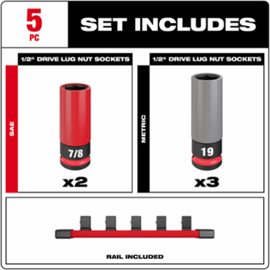 SHOCKWAVE Impact Duty 1/2 Inch Drive 5PC Lug Nut Socket Set with Color-Coded Sleeves