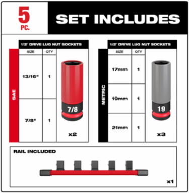 SHOCKWAVE Impact Duty 1/2 Inch Drive 5PC Lug Nut Socket Set with Color-Coded Sleeves