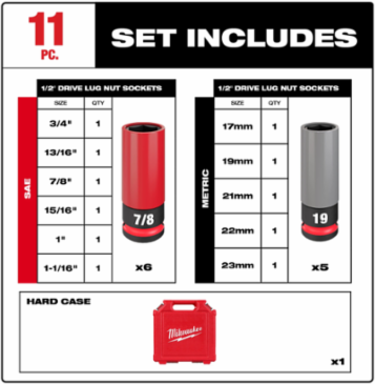 SHOCKWAVE Impact Duty 1/2 Inch Drive 11PC Lug Nut Socket Set, Forged Steel