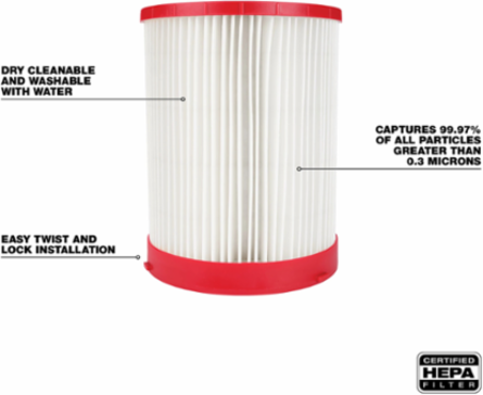 Large HEPA Filter for Wet/Dry Vacuum - Reusable, Easy Install