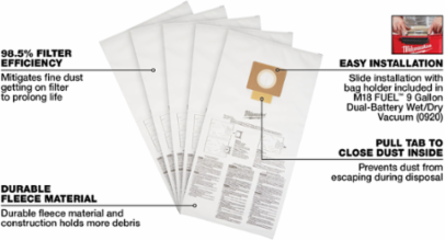 Fleece Dust Bags (5PK) - 9 Gallon, Compatible with Model 0920