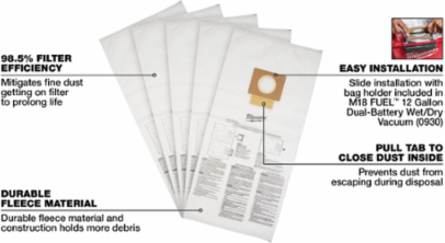 Fleece Dust Bags (5PK) for 12 Gallon Vacuum - 98.5% Filtration Efficiency