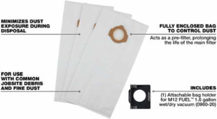 Fleece Dust Bags (3 Pack) for M12 FUEL & M18 FUEL Vacuums, Fine Dust Collection