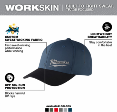 WORKSKINTM Performance Fitted Hat - Blue, Size Small/Medium, Moisture Wicking, UPF 50