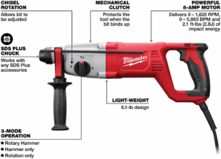 1 Inch SDS Plus Rotary Hammer Kit, 8 Amp Motor, 0-1620 RPM, 5860 BPM