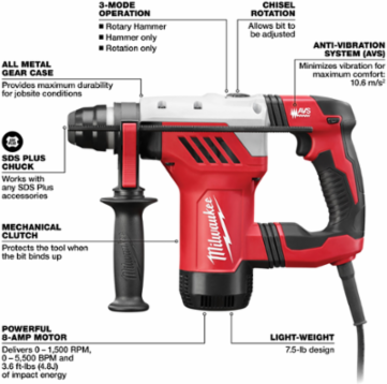 1-1/8 Inch SDS Plus Rotary Hammer Kit, 8 Amp Motor, 0-1,500 RPM, 5,500 BPM