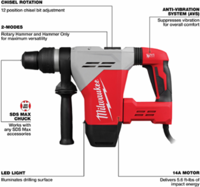 1-9/16 Inch SDS Max Rotary Hammer, 14 Amp, 5.9 ft-lbs Impact Energy