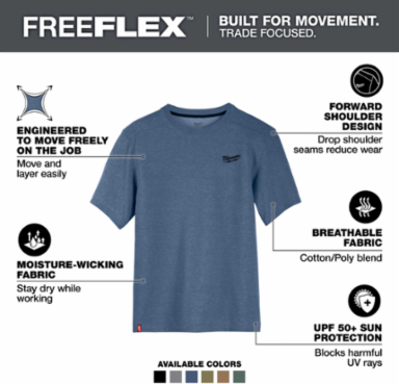 FREEFLEXTM Hybrid Short Sleeve Work Tee - Blue, UPF 50, 33/67 Cotton/Poly Blend, Medium