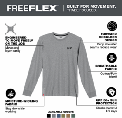 FREEFLEXTM Long Sleeve Work Tee Gray 2X - UPF 50, Moisture-Wicking, 33/67 Cotton/Poly Blend