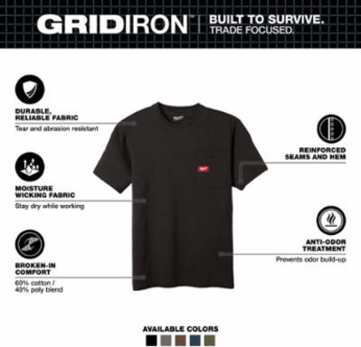 GRIDIRON™ Pocket T-Shirt - Short Sleeve Black, 6 oz Cotton/Polyester Blend, Anti-Odor Technology