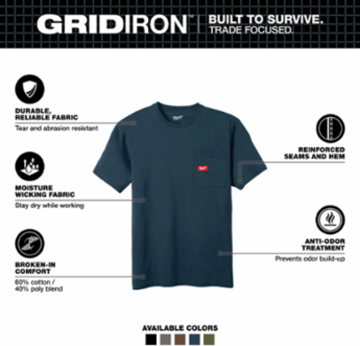 GRIDIRONTM Short Sleeve Pocket T-Shirt, Blue, XL, 6 oz Cotton/Polyester Blend