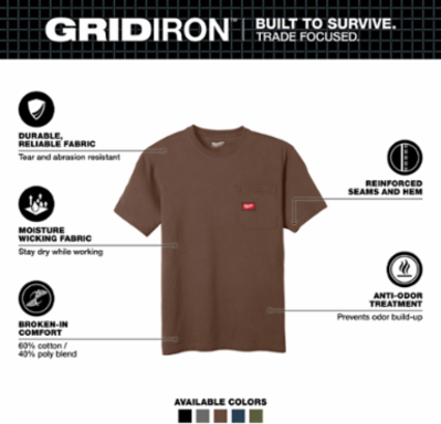 GRIDIRON™ Short Sleeve Pocket T-Shirt, Brown, 6 oz Cotton/Polyester, Anti-Odor