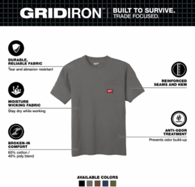 GRIDIRONTM Short Sleeve Pocket T-Shirt - 6 oz Cotton/Polyester, Gray, XL