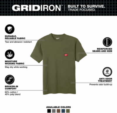 GRIDIRON™ Pocket T-Shirt - Short Sleeve, Green, 6 oz Cotton/Polyester Blend