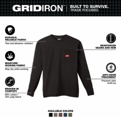 Gridiron Pocket Long Sleeve T-Shirt, Black XL, Heavy Duty Cotton/Polyester Blend
