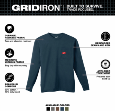 GRIDIRON™ Long Sleeve Pocket T-Shirt, Small, Blue, 6 oz Cotton/Polyester Blend