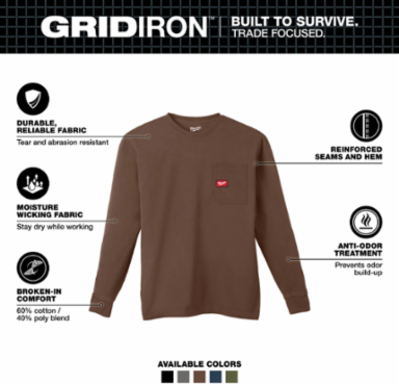 GRIDIRONTM Long Sleeve Pocket Tee 2X Brown, 6 oz Cotton/Polyester Blend