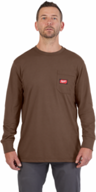 GRIDIRONTM Long Sleeve Pocket T-Shirt, Medium, 6 oz Cotton/Polyester Blend, Brown
