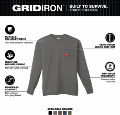 GRIDIRON Long Sleeve Pocket T-Shirt, Gray, 6 oz Cotton/Polyester, Men's Large
