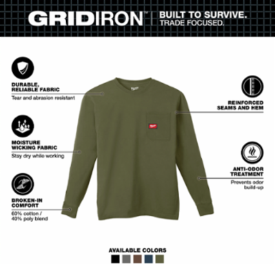 GRIDIRON™ Long Sleeve Pocket T-Shirt, Large, Green, Moisture Wicking, Anti-Odor
