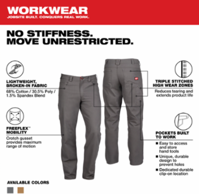 Heavy Duty Flex Work Pants 34 x 34 Gray, Triple Stitched, 6 Pockets