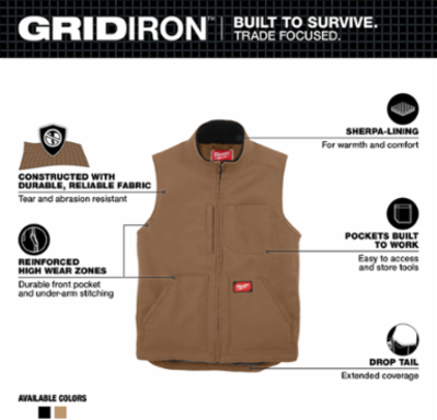 GRIDIRONTM Sherpa-Lined Heavy Duty Vest - Brown, Size M, 5 Pocket Design