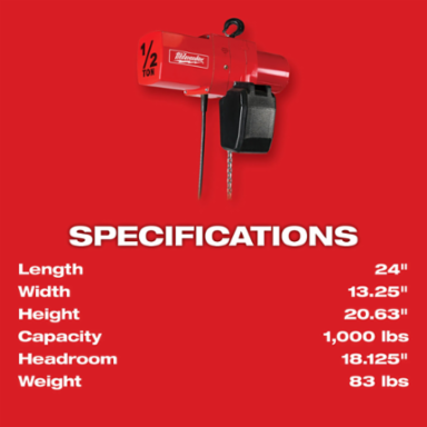 1/2 Ton Electric Chain Hoist, 1000 lbs Capacity, 10-20 Ft Lift Height