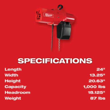 1/2 Ton Electric Chain Hoist, 20 Ft Lift Height, 1000 lbs Capacity