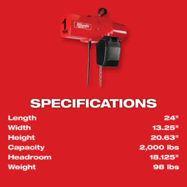 1 Ton Electric Chain Hoist, 15 Ft Lift Height, 16 Ft/min Speed, Single-Phase