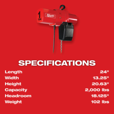 1 Ton Electric Chain Hoist, 20 ft Lift Height, 16 ft/min Speed, Steel