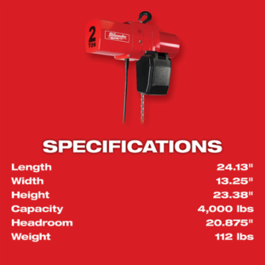 2 Ton Electric Chain Hoist, 230V, Steel, 1hp, 109 Pounds