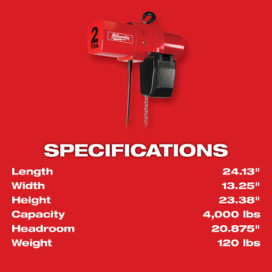 2 Ton Electric Chain Hoist, 230V, Steel, 113 Pounds, 16 ft/min Lift Speed