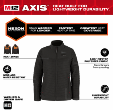 M12 Women's Heated AXIS Jacket - Black, Small, 5 Heat Panels, Water Resistant