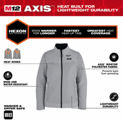 M12 Women's Heated AXIS Jacket - Gray XL, 12V, 5 Heating Zones, Machine Washable