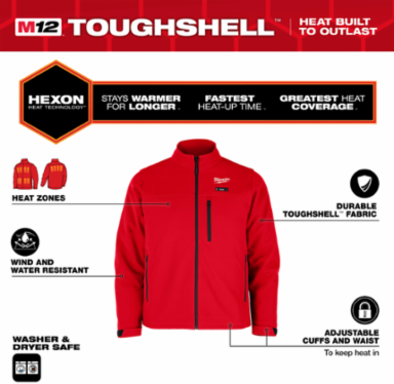M12 Heated TOUGHSHELL Jacket - Red, Small, 5 Heat Panels, Water Resistant