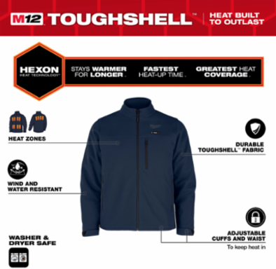 M12 Heated TOUGHSHELL Jacket - Blue Small, 12V, 3X Insulation, 5 Heat Zones