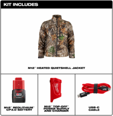 M12 Heated QUIETSHELL Jacket - Camo, Small, 3 Heat Zones, 12 Hour Battery Life