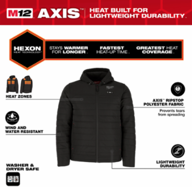 Heated AXIS Jacket - Black, XL, 3 Heating Zones, 12V