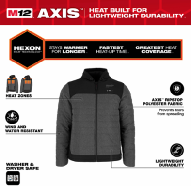 M12 Heated AXIS Jacket - Gray, X-Large, 3 Heating Zones, Water Resistant