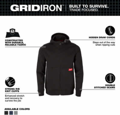 GRIDIRON™ Full-Zip Hoodie - Black Large, Heavyweight Cotton/Polyester Blend