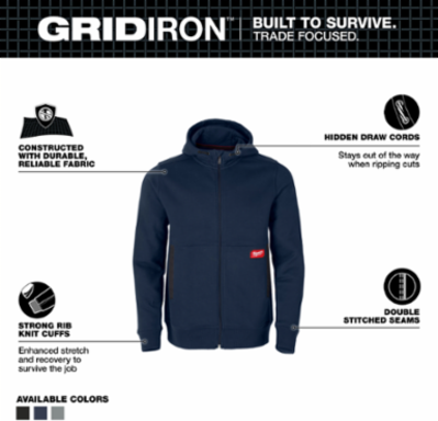 GRIDIRON™ Full-Zip Hoodie - Black, Heavyweight Cotton/Polyester, Size M