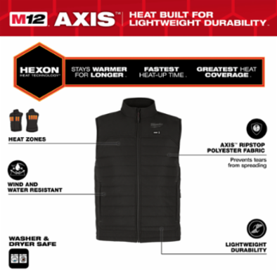 M12 Heated AXIS Vest - Black XL, Insulated, 8 Hour Battery Life, 2 Heat Zones